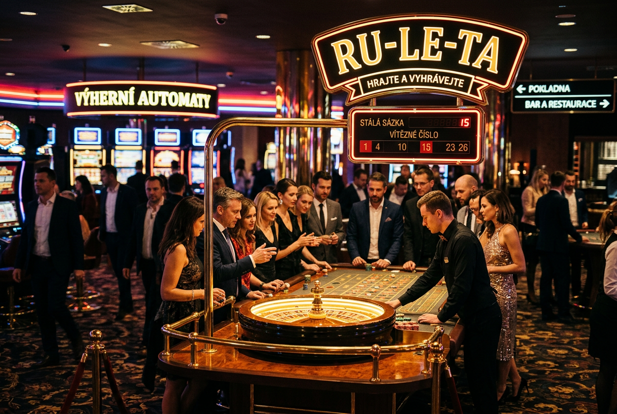 Atmosféra luxusního kasina s osvětlenou ruletou a zlatými odlesky